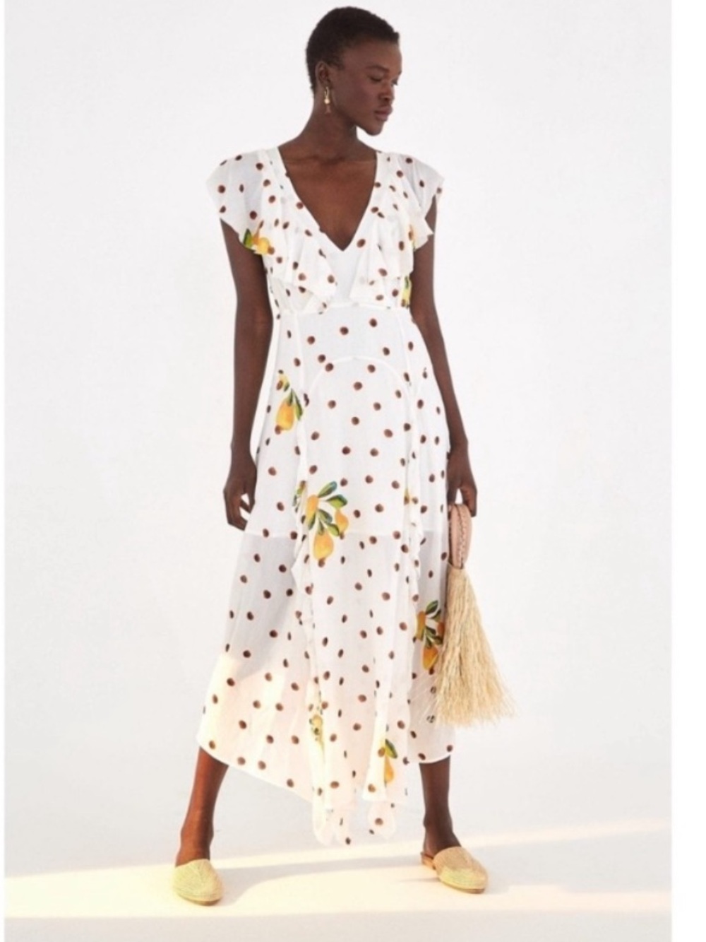 FARM RIO White Polka Dot Tropical Pear Lemon Ruffle Silk Flutter Midi Dress XS